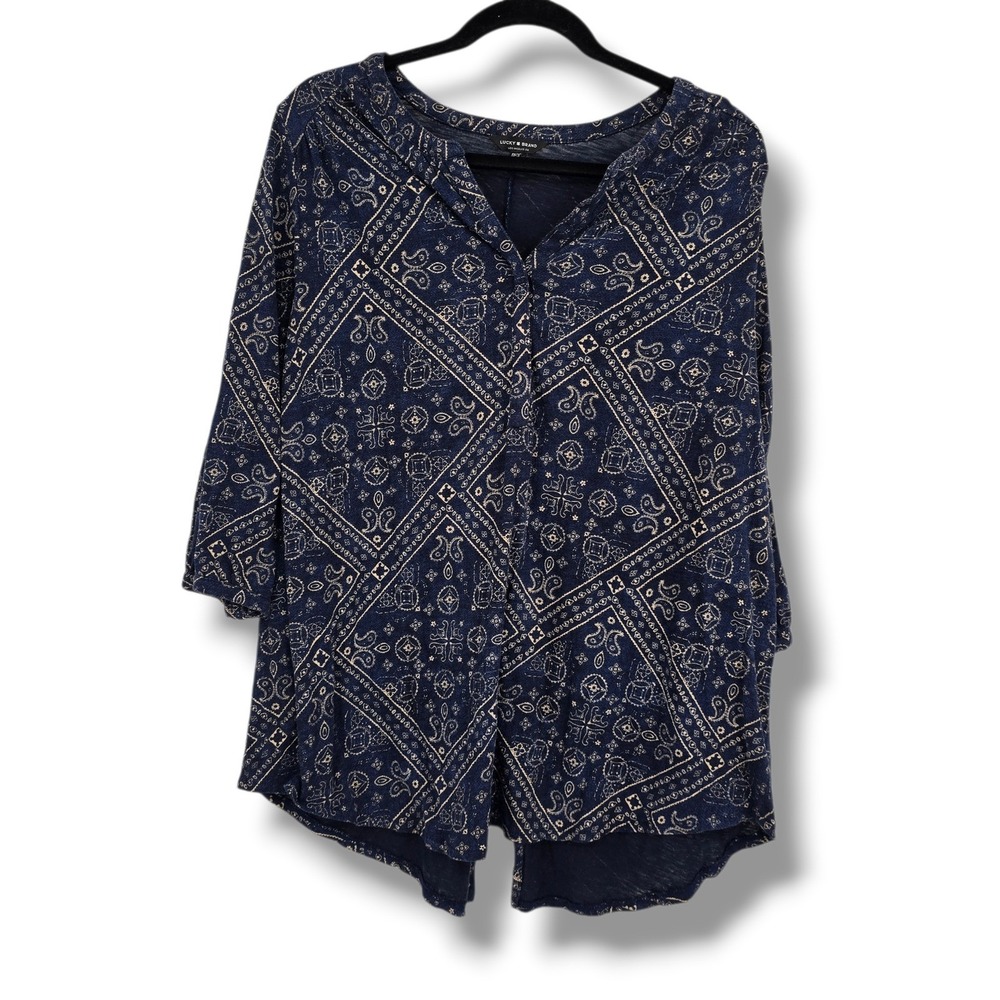 Lucky Brand Womens 1X Navy Blue Bandana Paisley Print 3/4 Sleeve Split Neck Top
